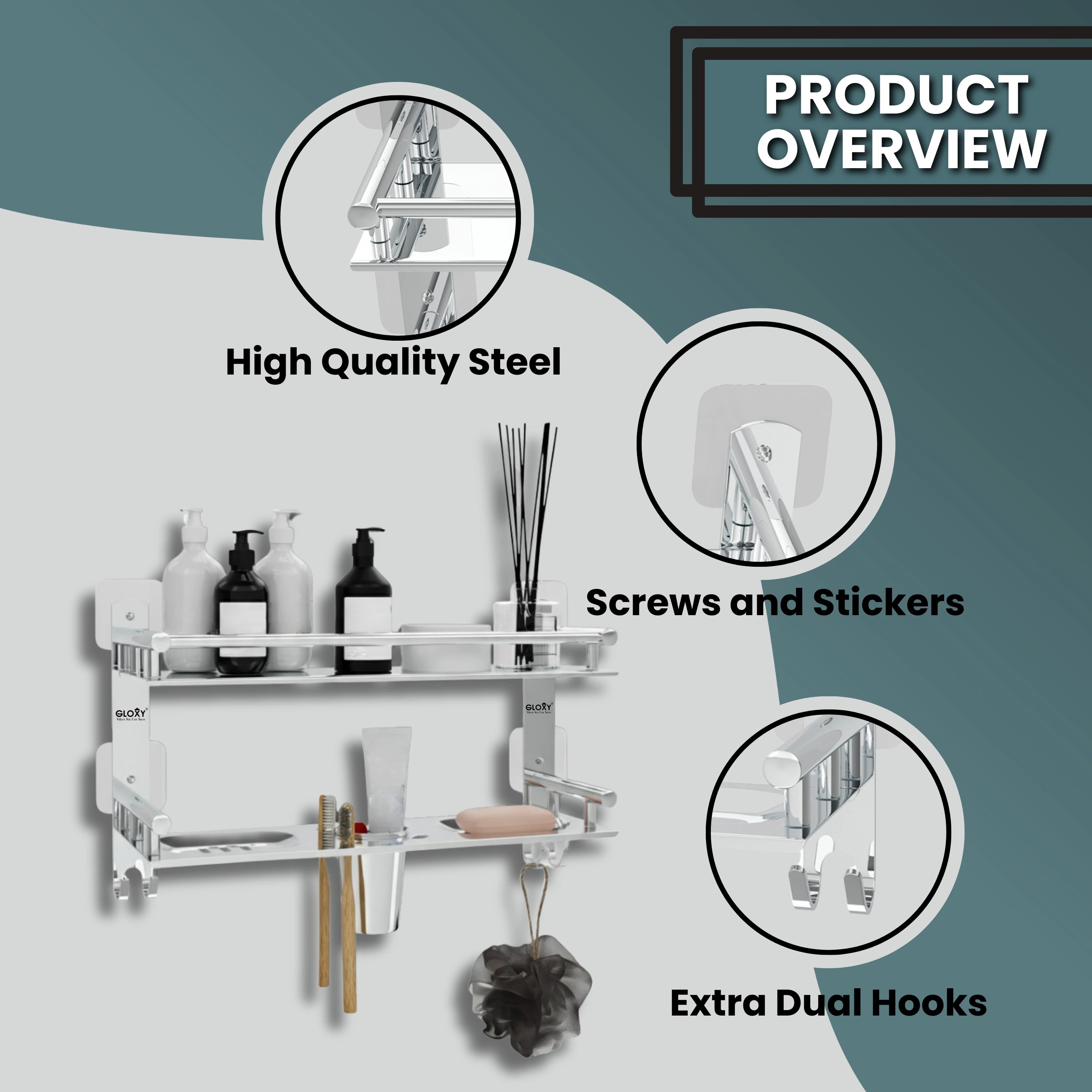 Gloxy Stainless Steel 2-Layer Chrome Finish Bathroom Shelf with Soap Dish, Tumbler Holder, Hooks-Adhesive Sticker Installation