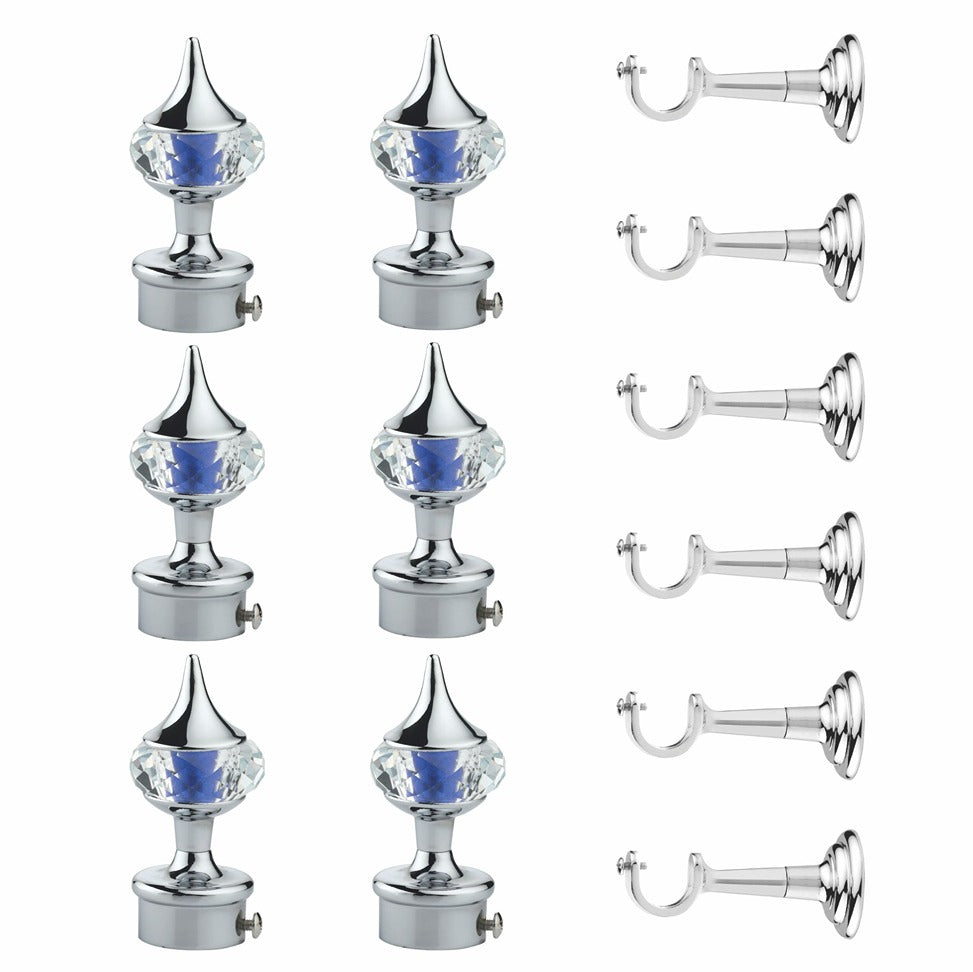 Gloxy Single Diamond Aluminium Curtain Rod Finials with Support– Blue 3 Pair