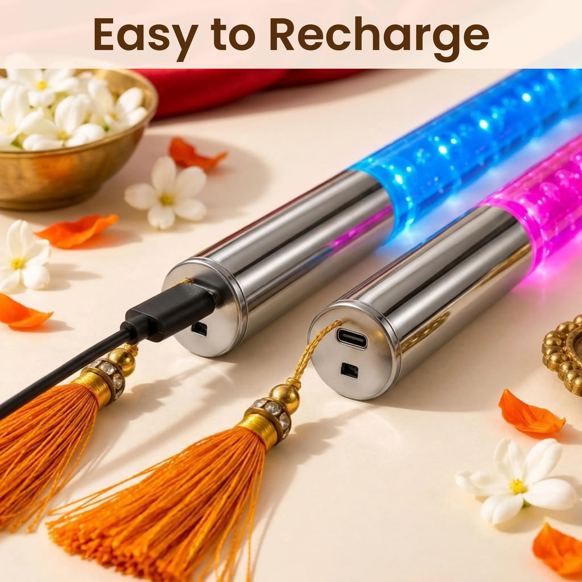 Multi Colour LED Dandiya Sticks for Garba & Navratri – Rechargeable Colour Changing Light Up Dandiya | Silver Colour