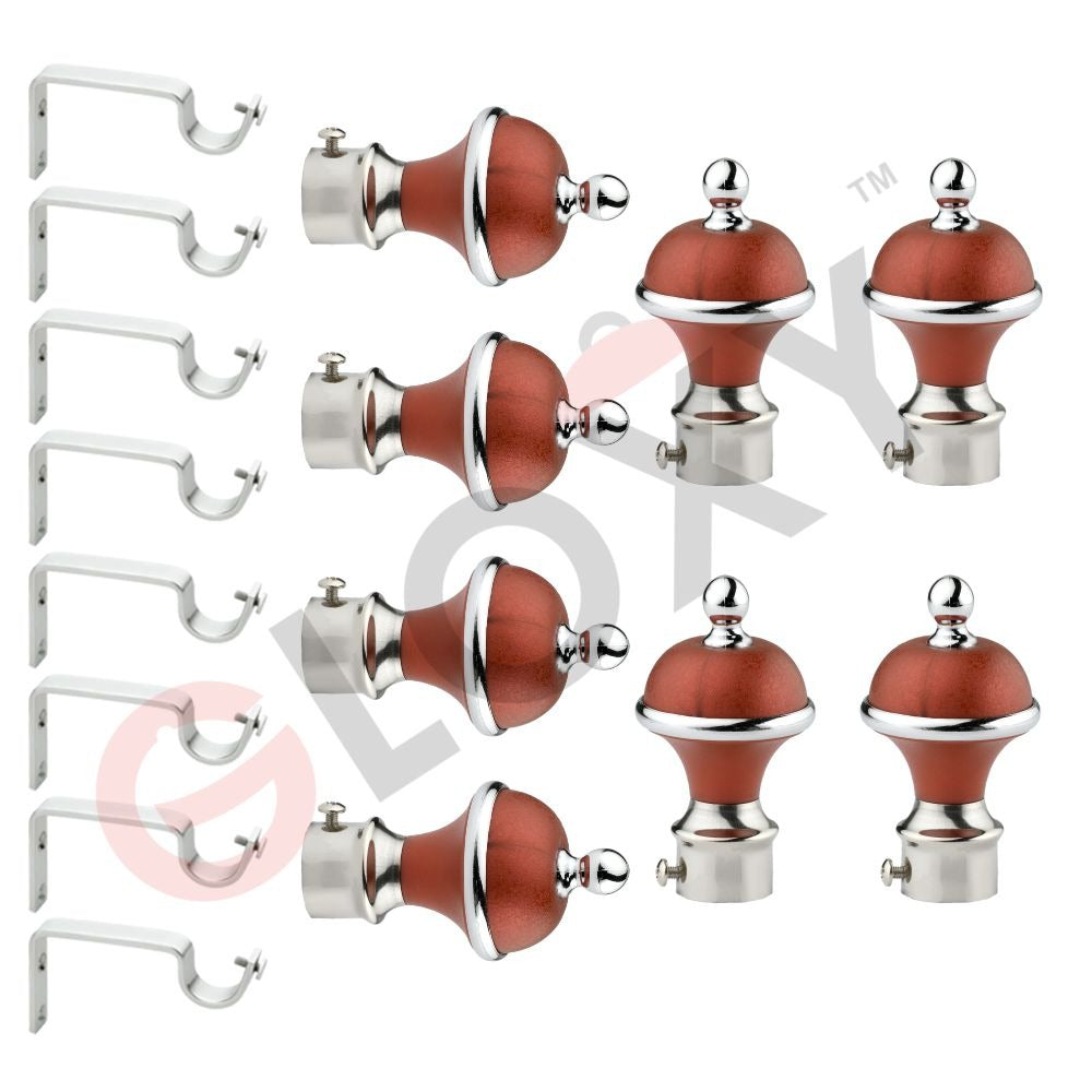 Gloxy Manjira Shape Stainless Steel & ABS Curtain Rod Finials with Support– Maroon 4 Pair