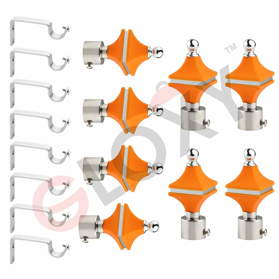 Gloxy Hexa Shape Stainless Steel & ABS Shape Aluminium Curtain Rod Finials with Support– Orange 4 Pair