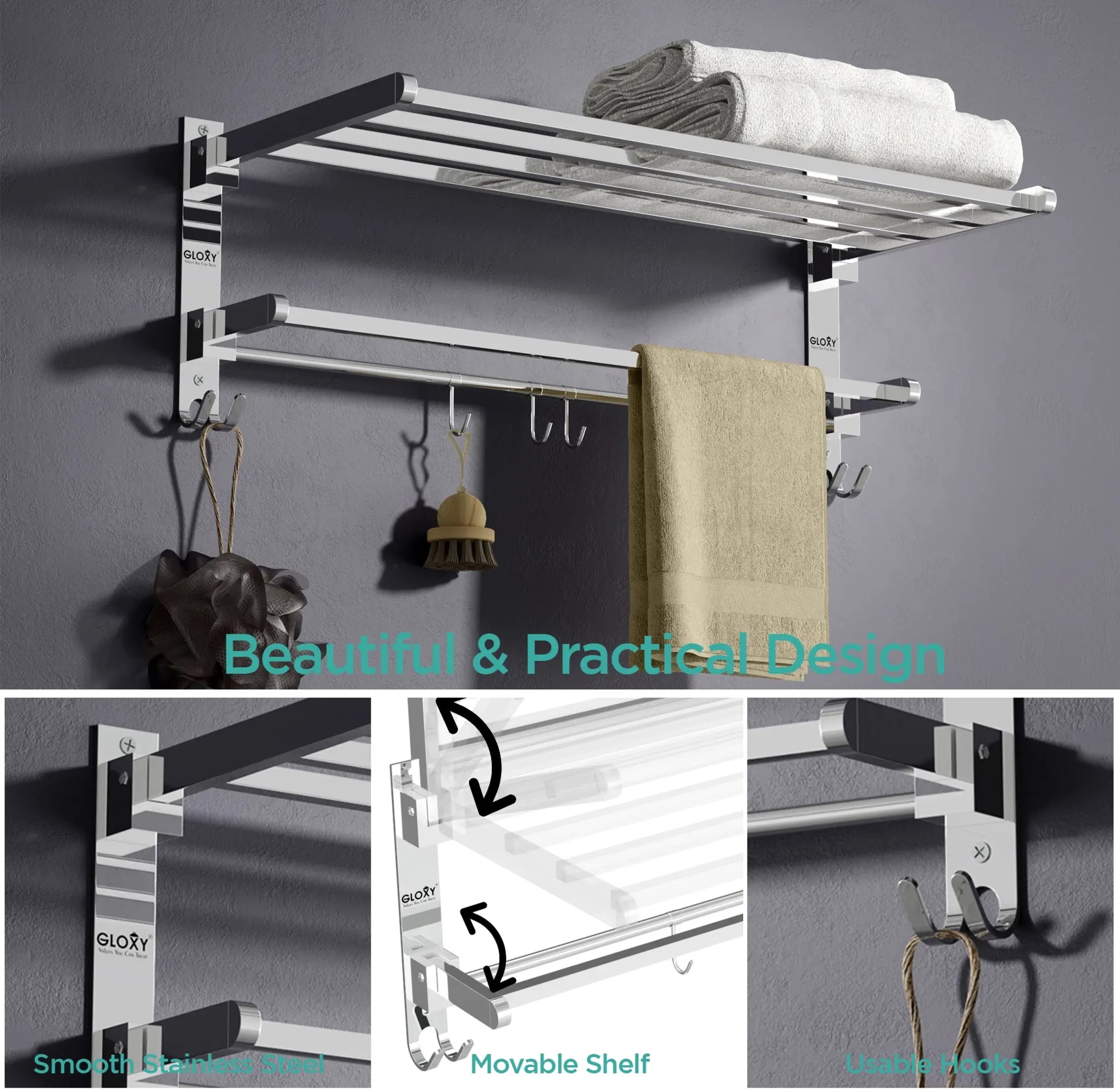 Rectangular Shape Stainless Steel Folding Large Towel Rack 24 Inch Silver -by GLOXY®