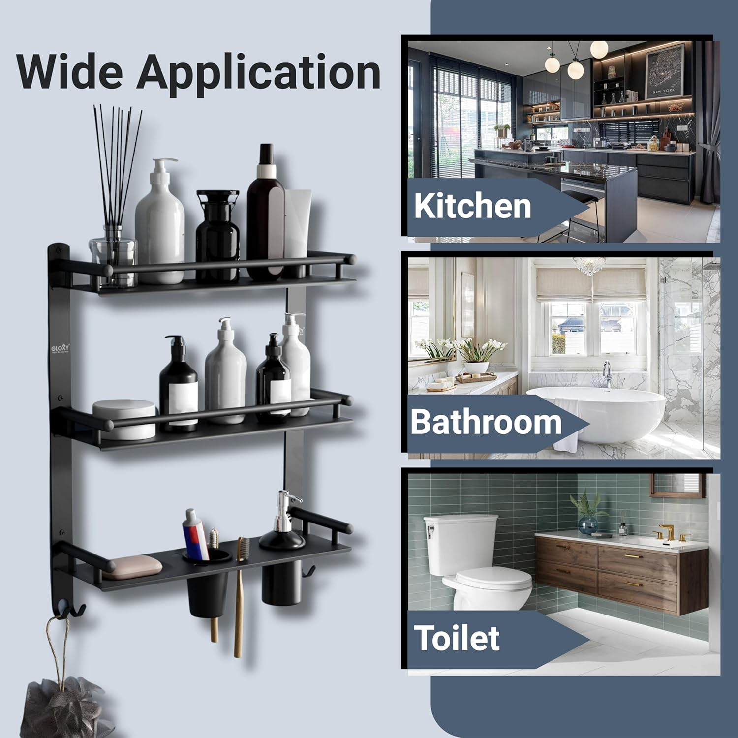 Gloxy Stainless Steel 3-Layer Chrome Finish Bathroom Shelf With Soap Dish,Liquid Dispenser,Tumbler Holder & Hooks