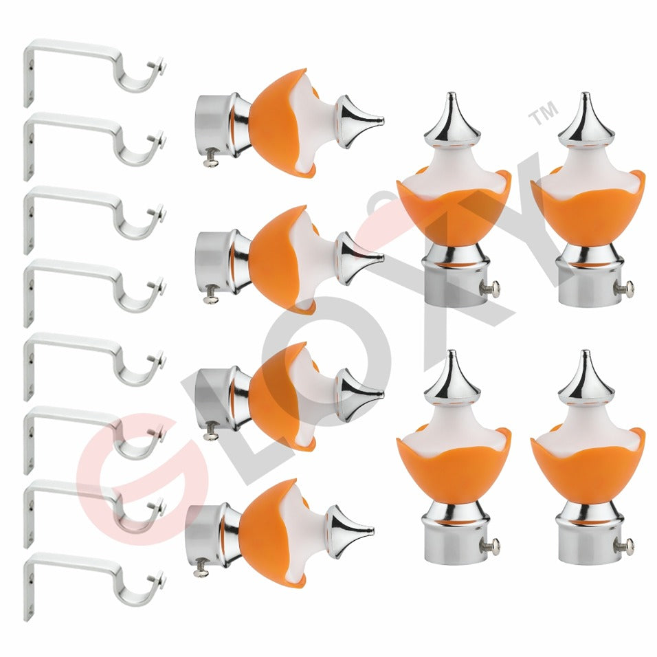 Gloxy Double Colour Stainless Steel & ABS Curtain Rod Finials with Support– Orange 4 Pair