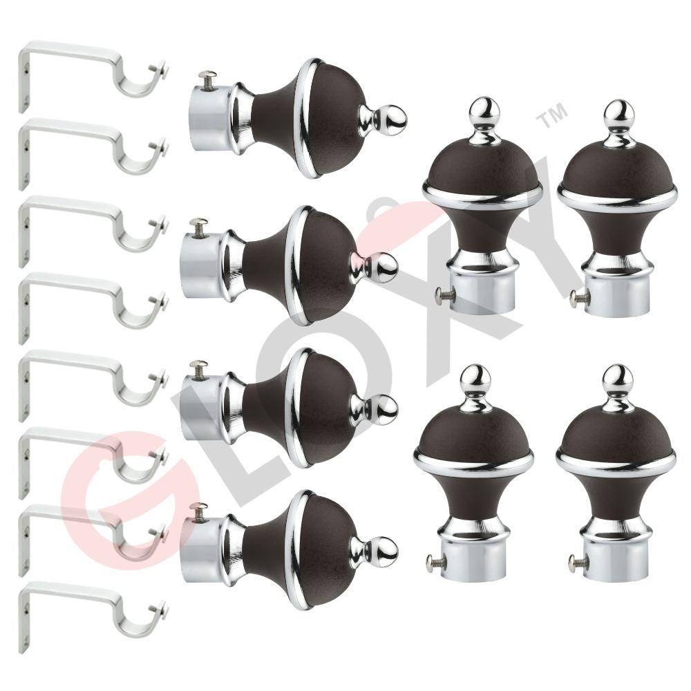 Gloxy Manjira Shape Stainless Steel & ABS Curtain Rod Finials with Support– Brown 4 Pair