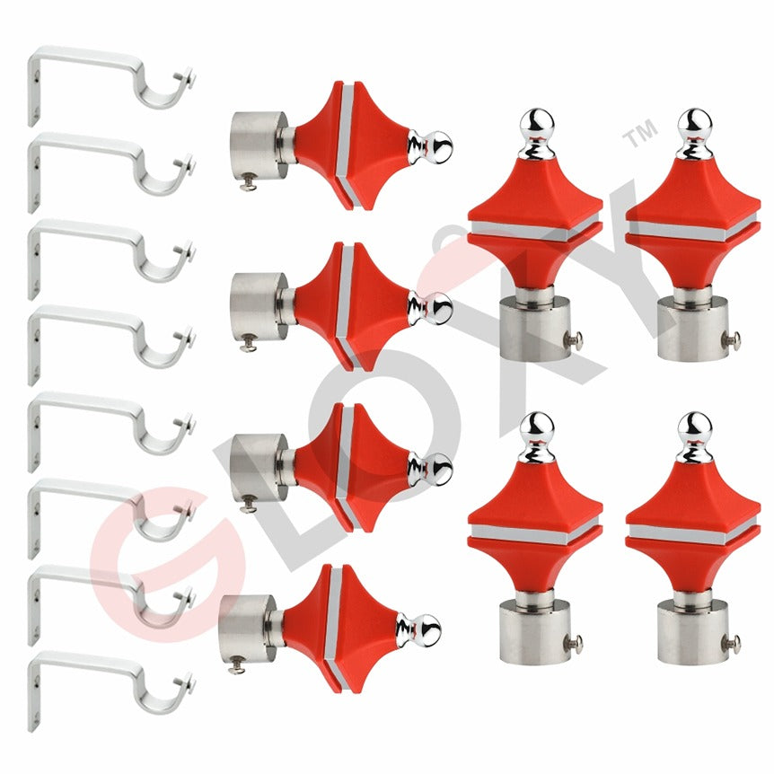 Gloxy Hexa Shape Stainless Steel & ABS Shape Curtain Rod Finials with Support– Red 4 Pair