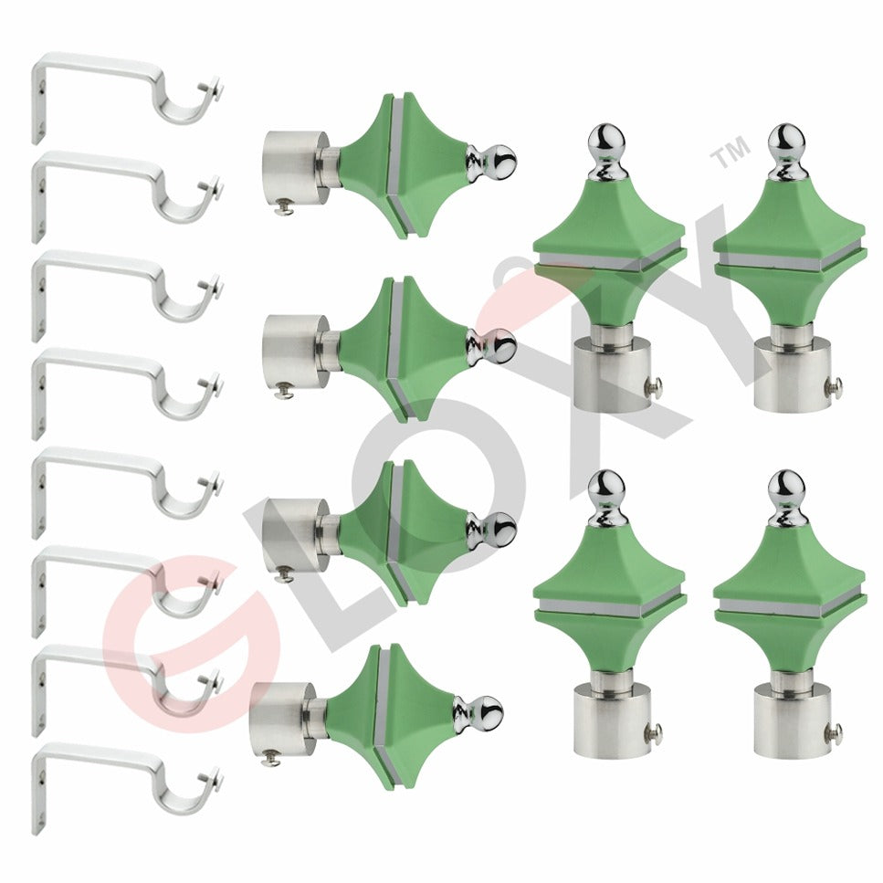 Gloxy Hexa Shape Stainless Steel & ABS Curtain Rod Finials with Support– Green 4 Pair
