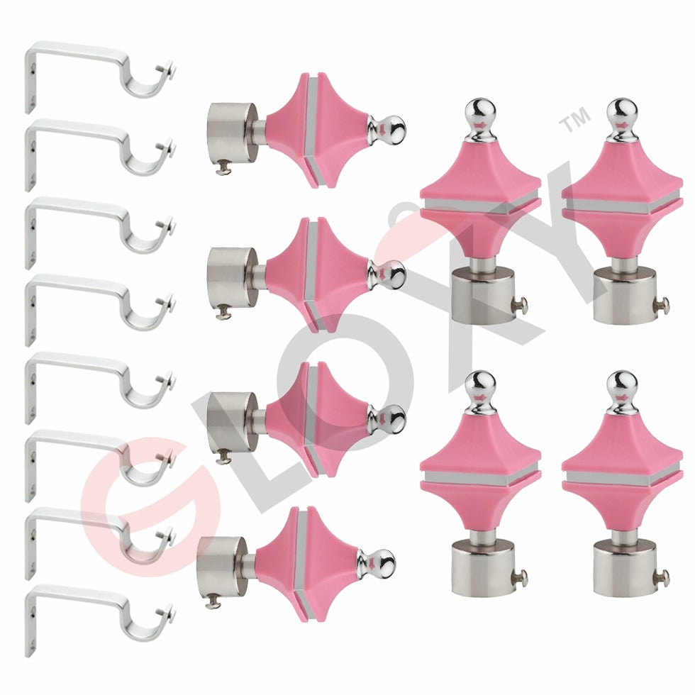 Gloxy Hexa Shape Stainless Steel & ABS Curtain Rod Finials with Support– Pink 4 Pair
