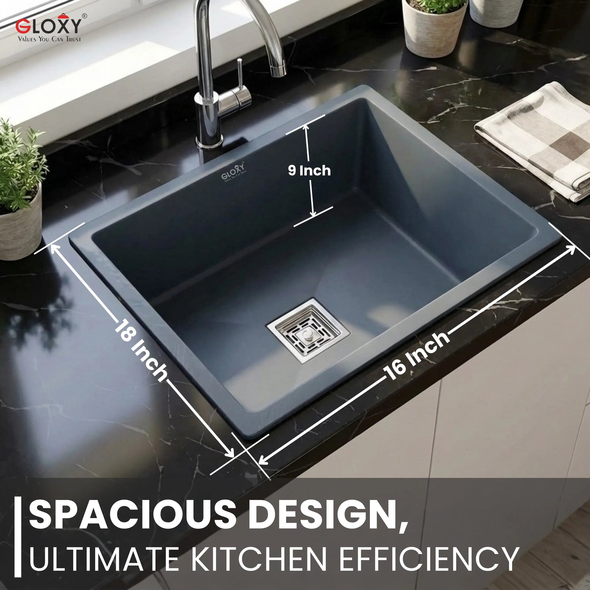 Gloxy Stainless Steel Handmade Single Bowl Kitchen Sink 16x18 Inch-Gray