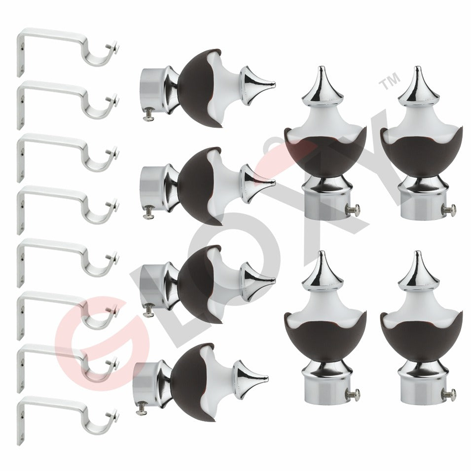 Gloxy Double Colour Stainless Steel & ABS Curtain Rod Finials with Support– Brown 4 Pair