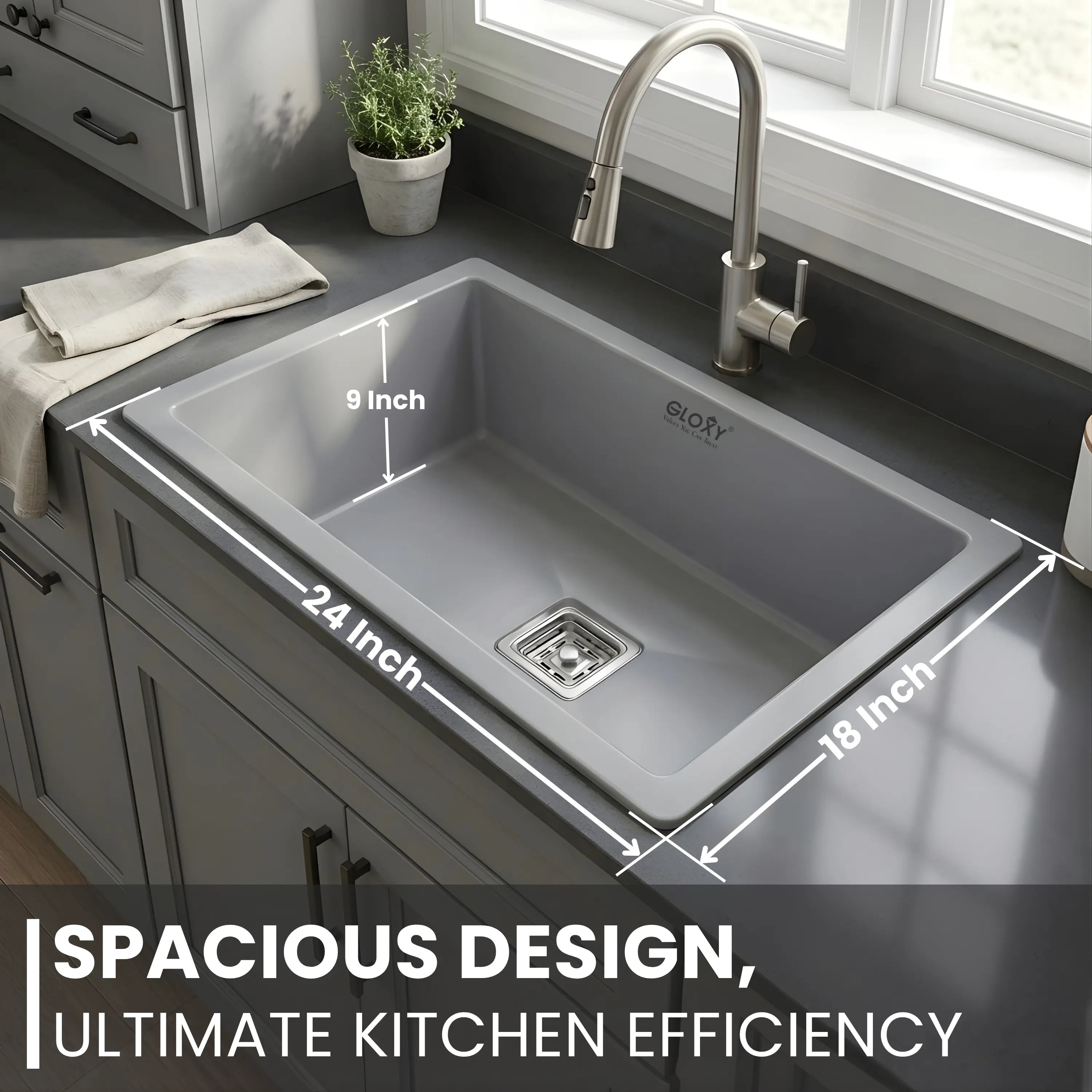 Gloxy Stainless Steel Handmade Single Bowl Quartz Kitchen Sink 21x18 Inch-Grey