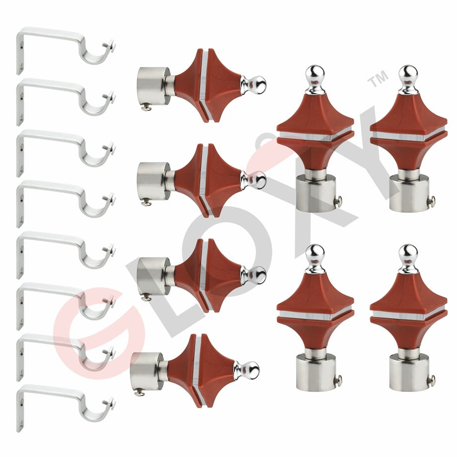 Gloxy Hexa Shape Stainless Steel & ABS Curtain Rod Finials with Support– Maroon 4 Pair