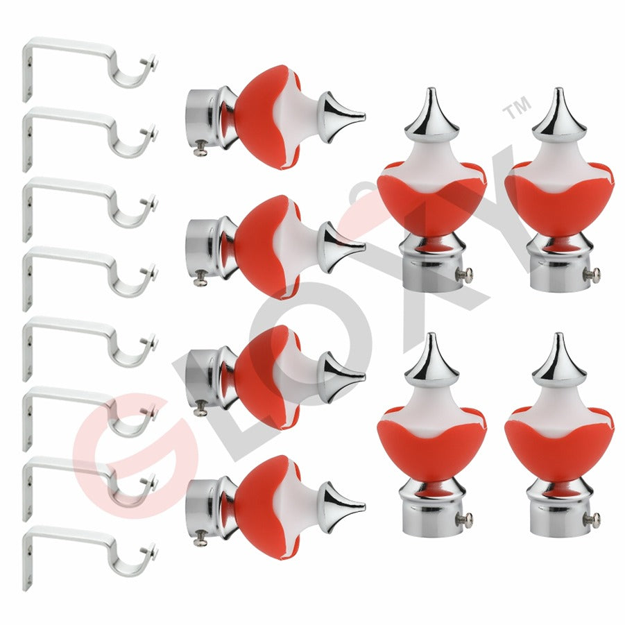 Gloxy Double Colour Stainless Steel & ABS Curtain Rod Finials with Support–Red 4 Pair