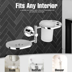 Round Shape Stainless Steel SS304 Soap Dish with Glass Toothbrush Holder(Silver)-by GLOXY®