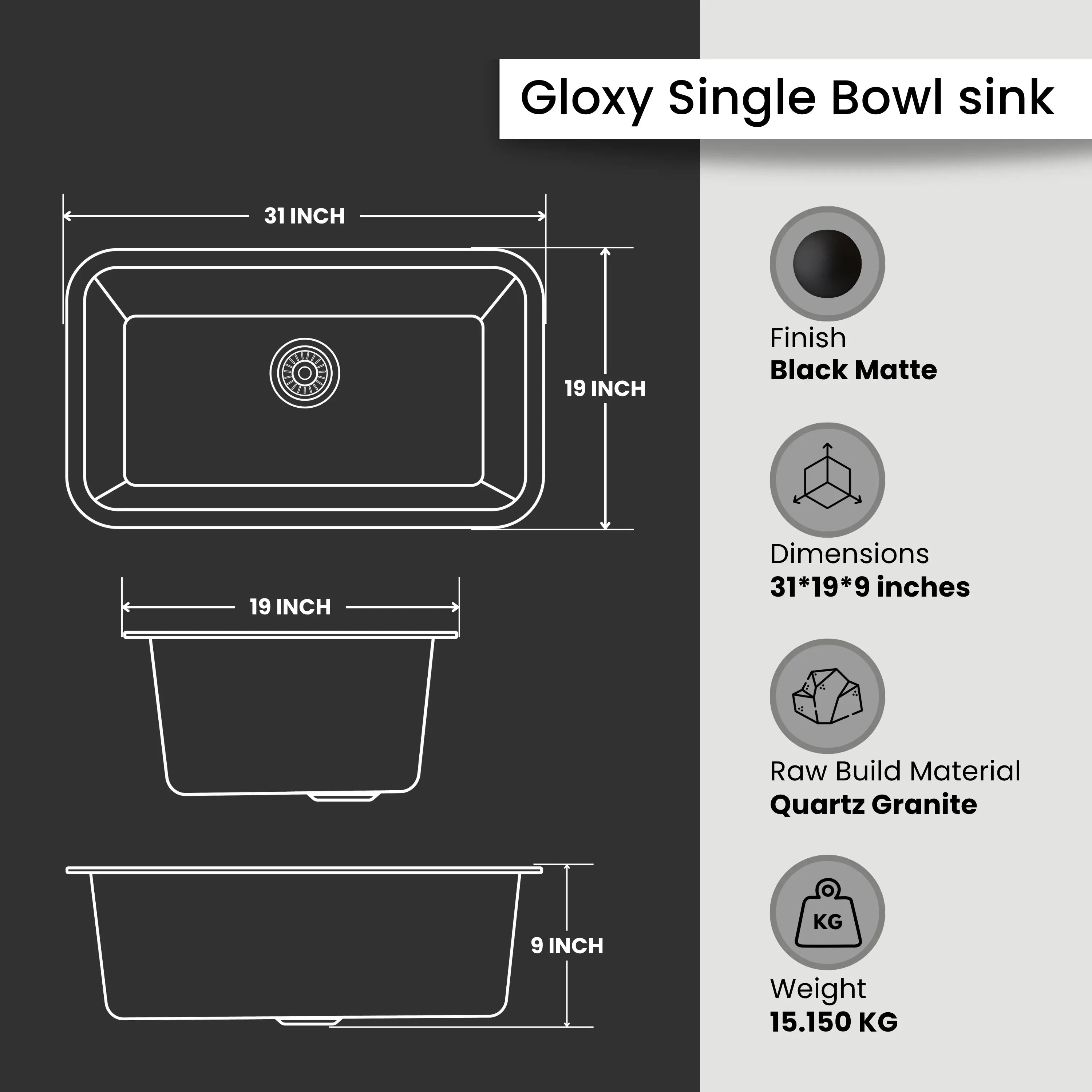 GLOXY Premium Quartz Granite Single Bowl Kitchen Sink 31x19x9 Inches - Matte Black Finish