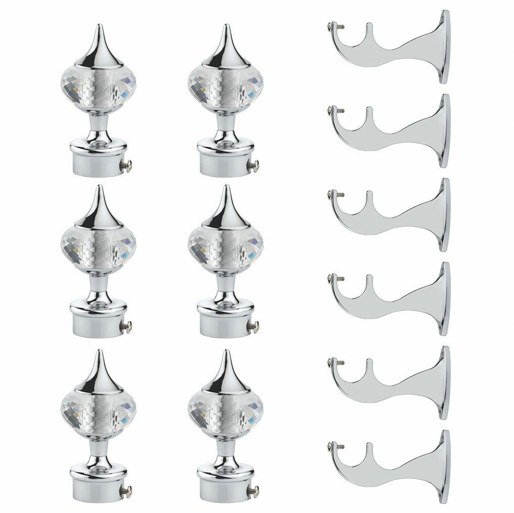 Gloxy Single Diamond Aluminium Curtain Rod Finials with Support– Silver 3 Pair
