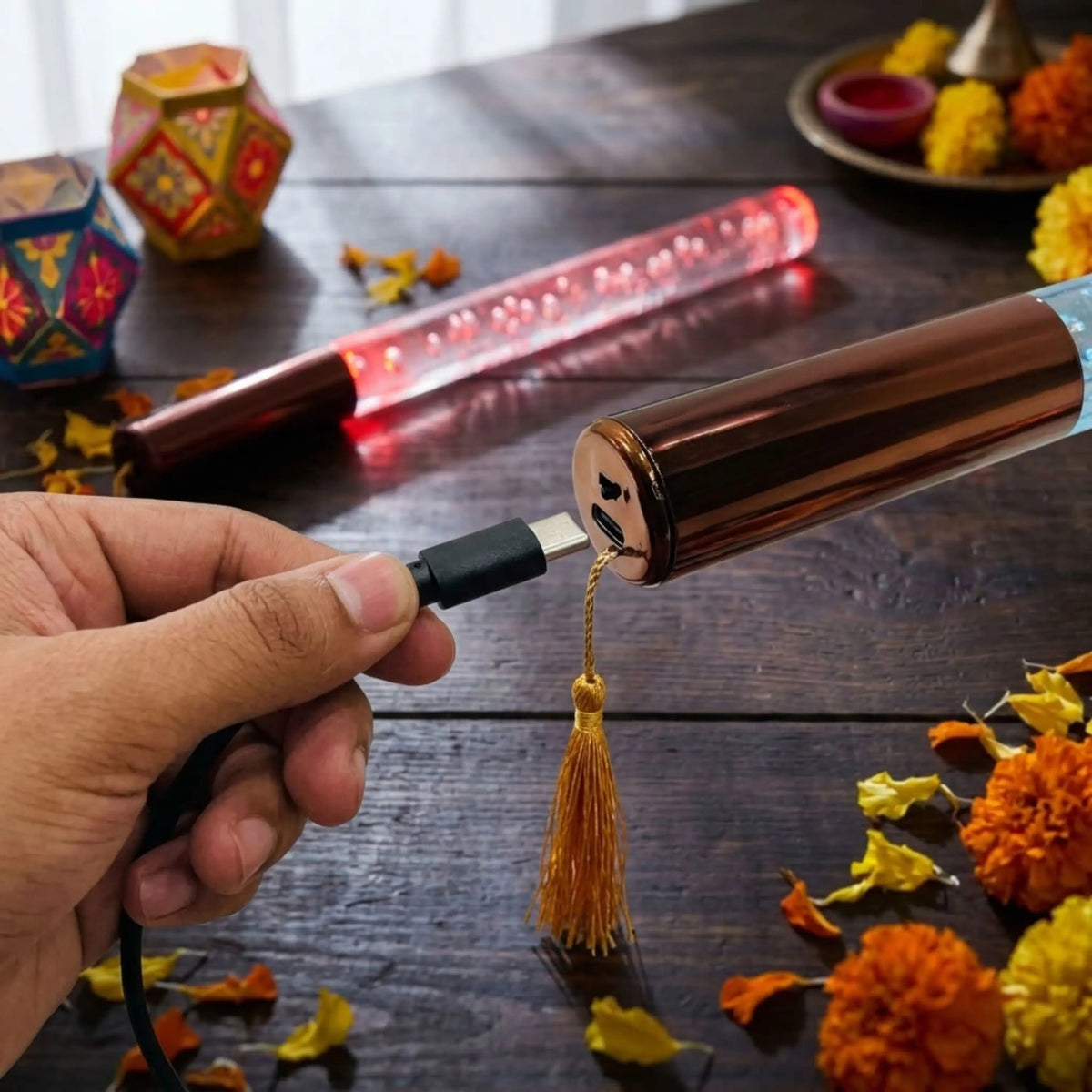 Multi Colour LED Dandiya Sticks for Garba & Navratri – Rechargeable Colour Changing Light Up Dandiya | Rose Gold