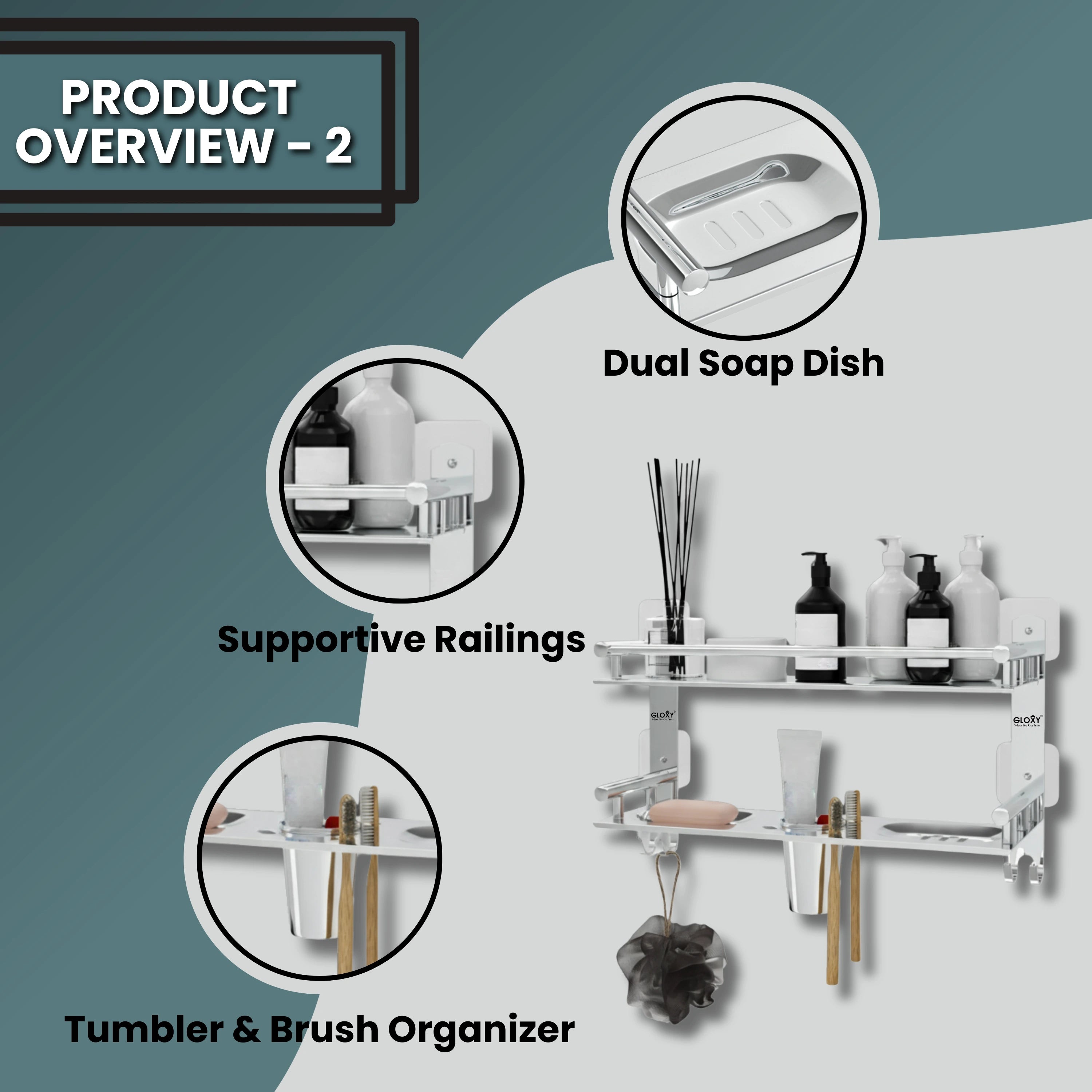 Gloxy Stainless Steel 2-Layer Chrome Finish Bathroom Shelf with Soap Dish, Tumbler Holder, Hooks-Adhesive Sticker Installation