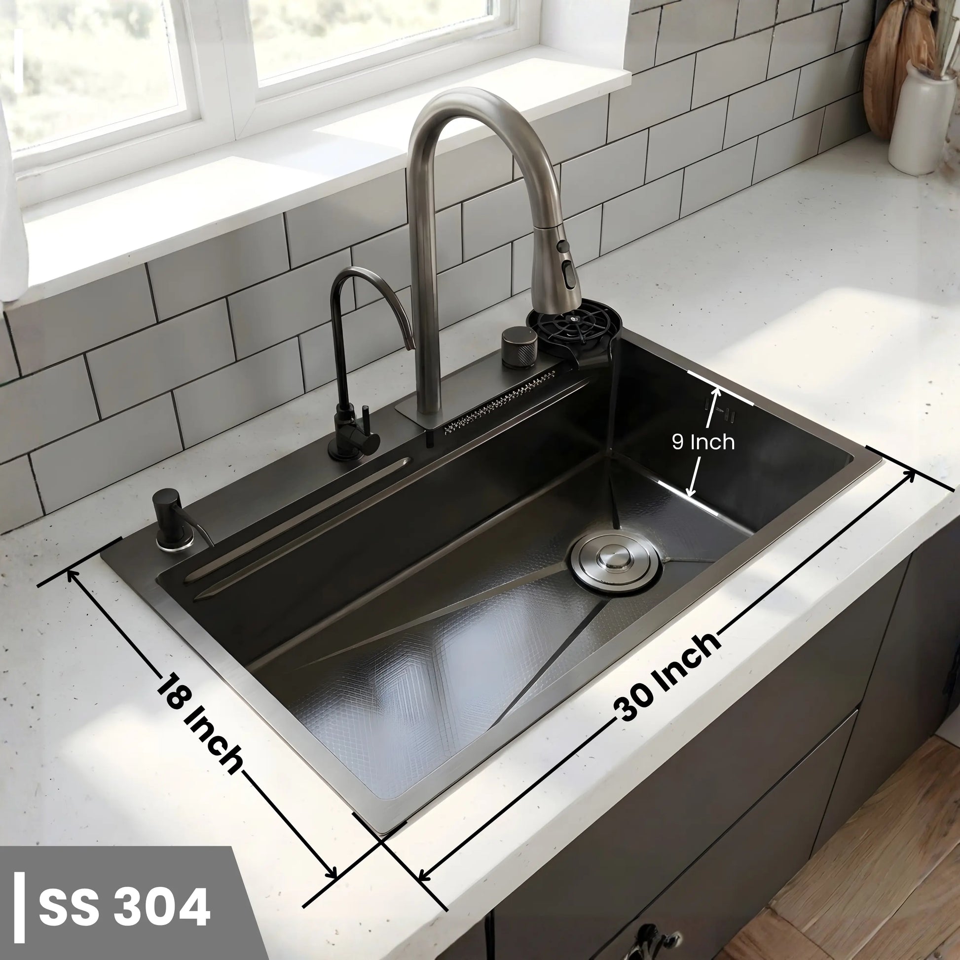 GLOXY Stainless Steel Waterfall Sink With Waterfall Faucet,RO Tap
