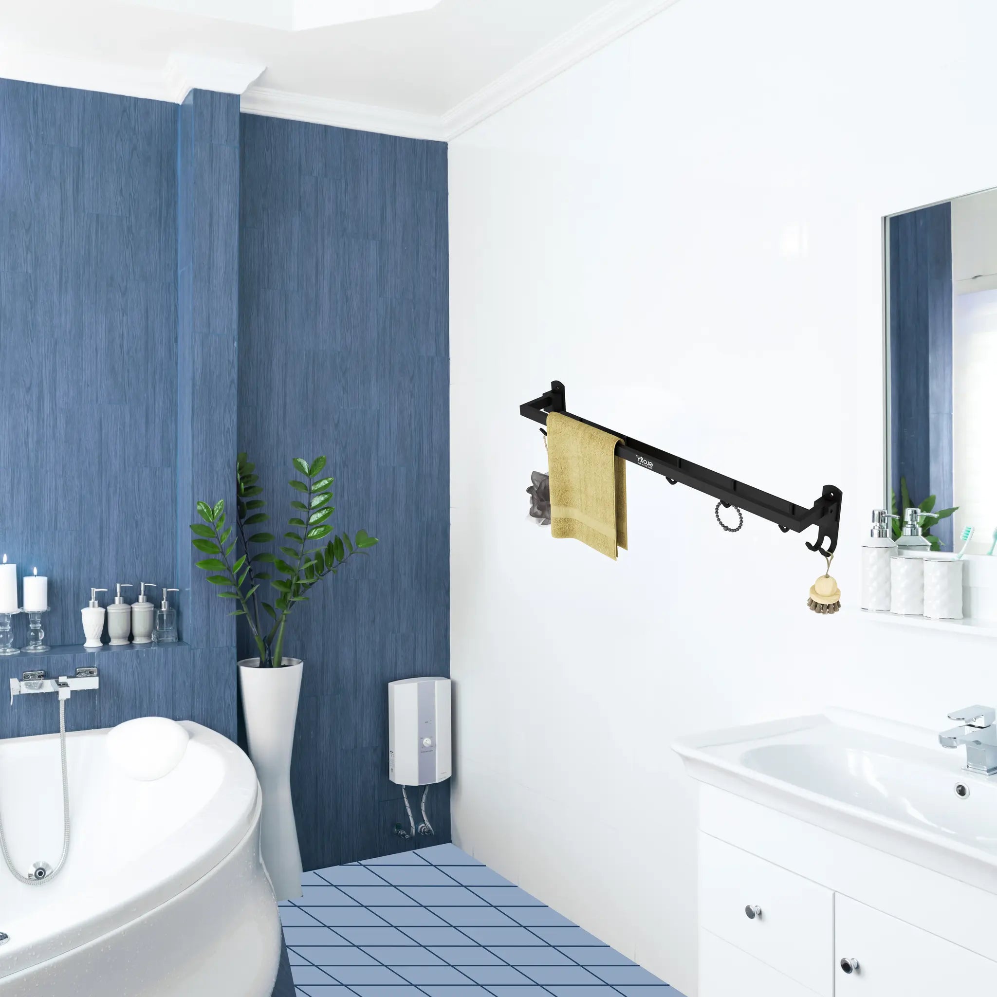 Gloxy Rectangular Shape Stainless Steel Chrome Finish Folding Towel Rod with Adjustable Hooks – 24 Inch