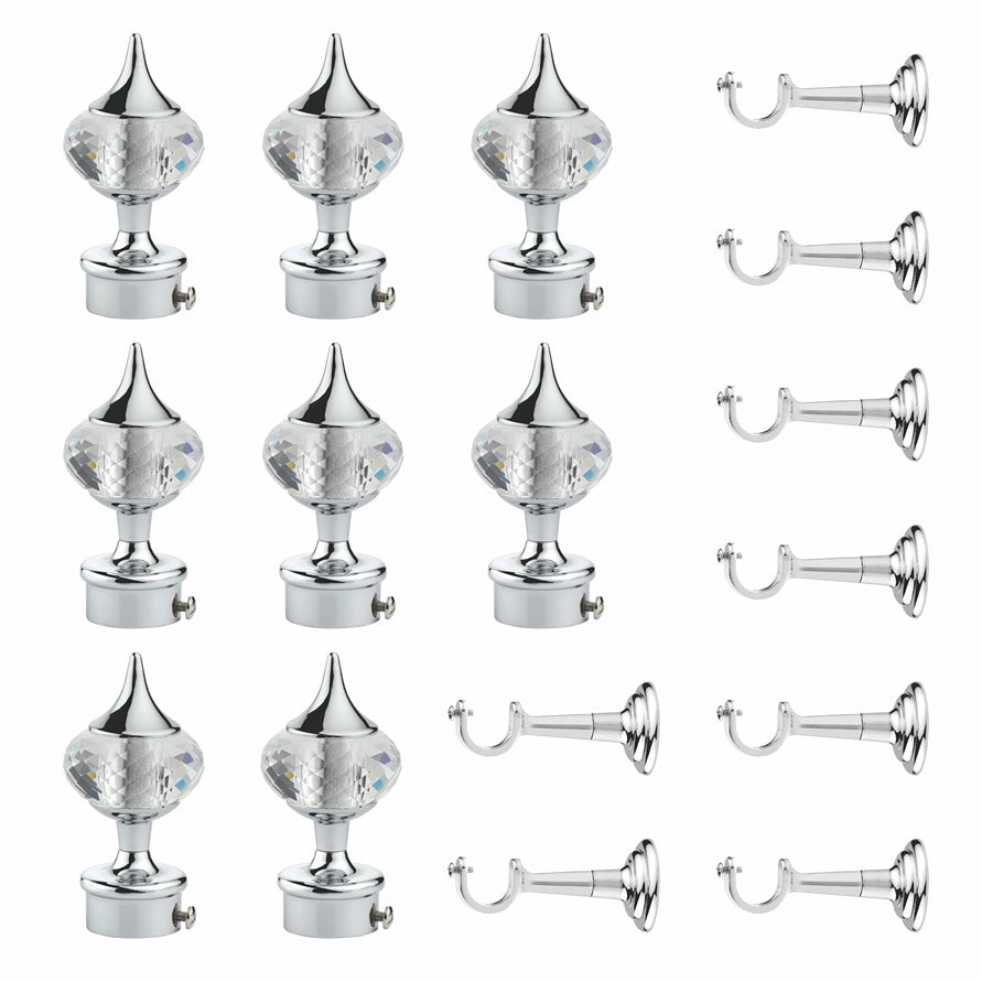 Gloxy Single Diamond Aluminium Curtain Rod Finials with Support– Silver 4 Pair