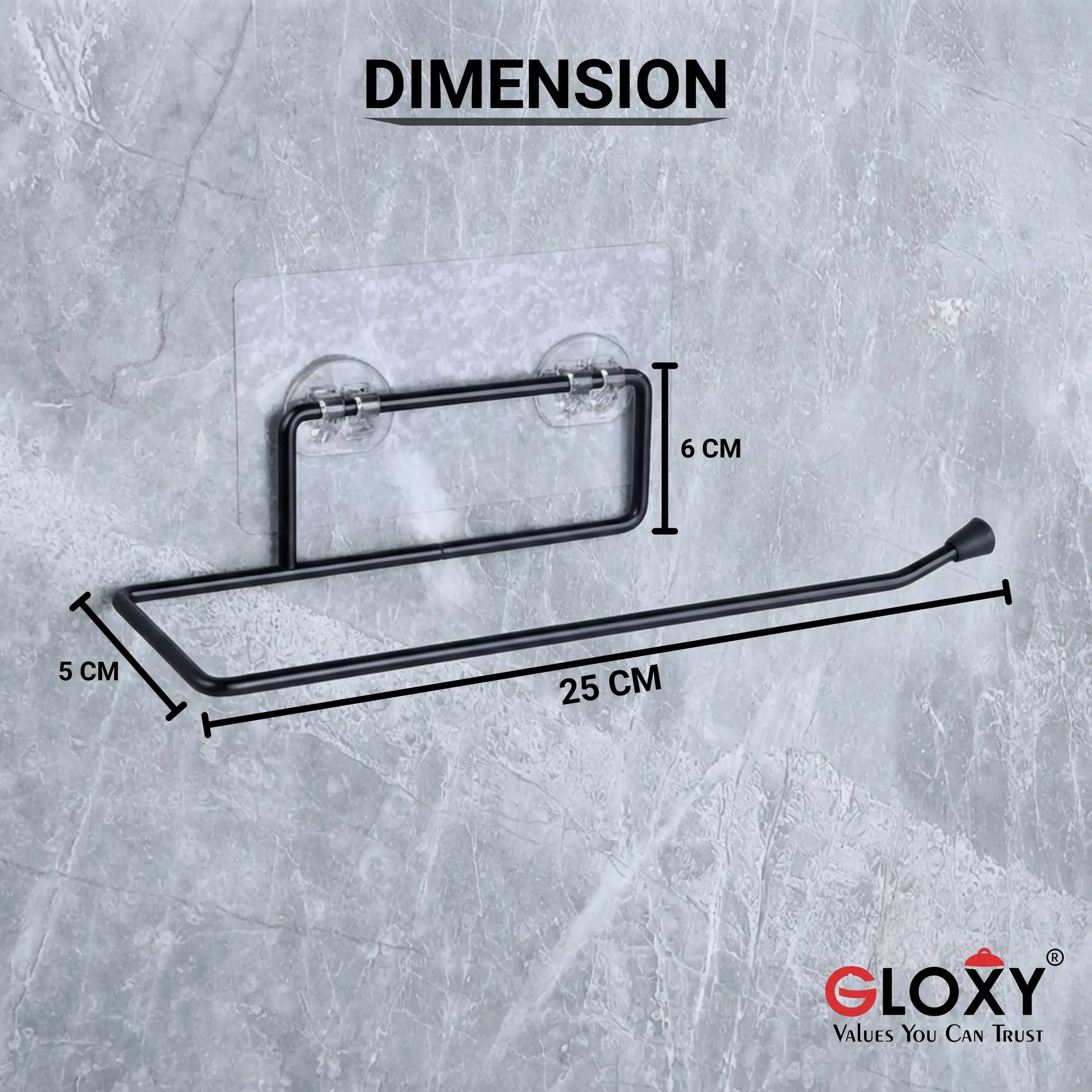Black metal towel rack with dimensions on a gray concrete background, featuring the Gloxy brand.