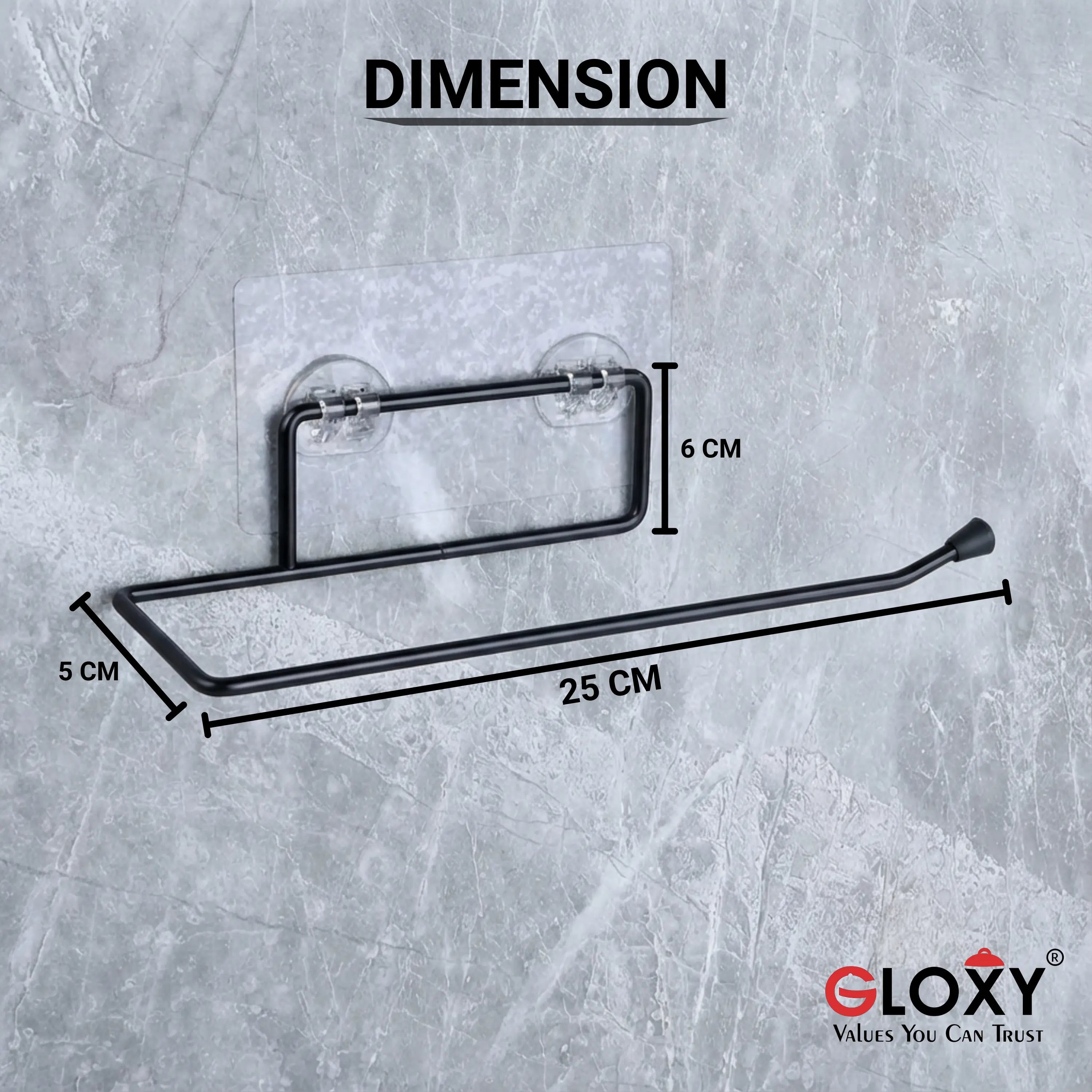 Black metal towel rack with dimensions on a gray concrete background, featuring the Gloxy brand.