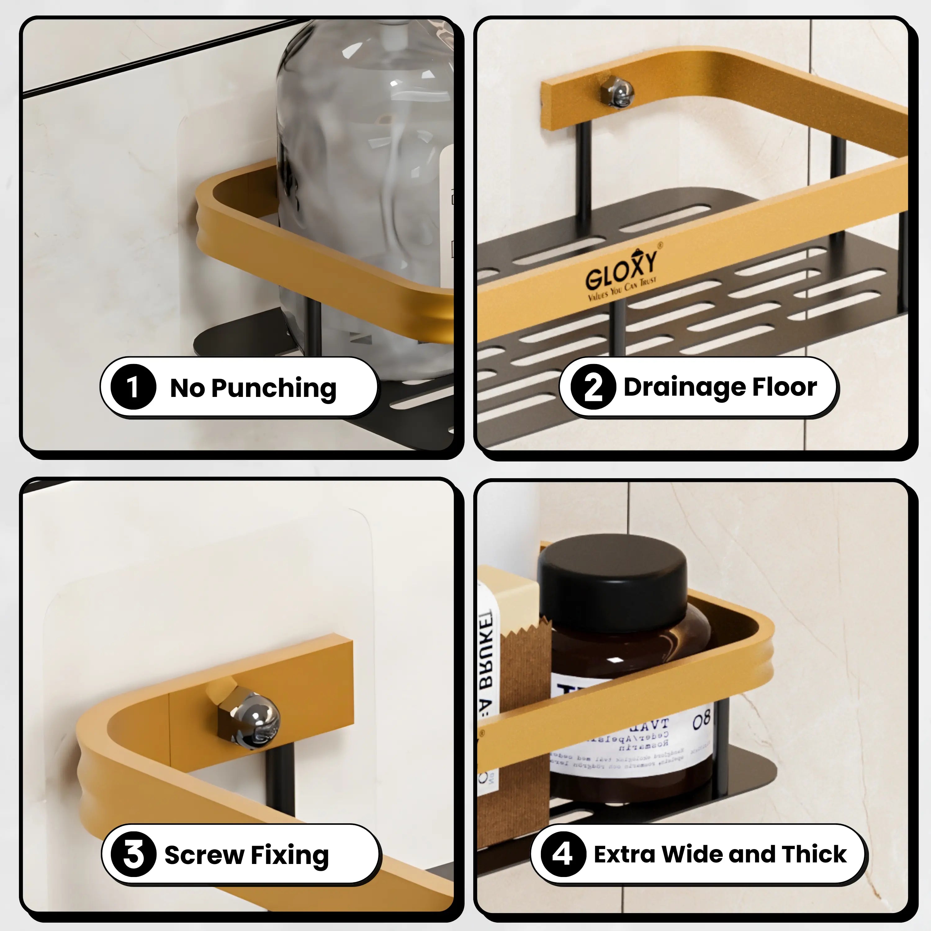 Shower caddy with features highlighted on a tiled wall background