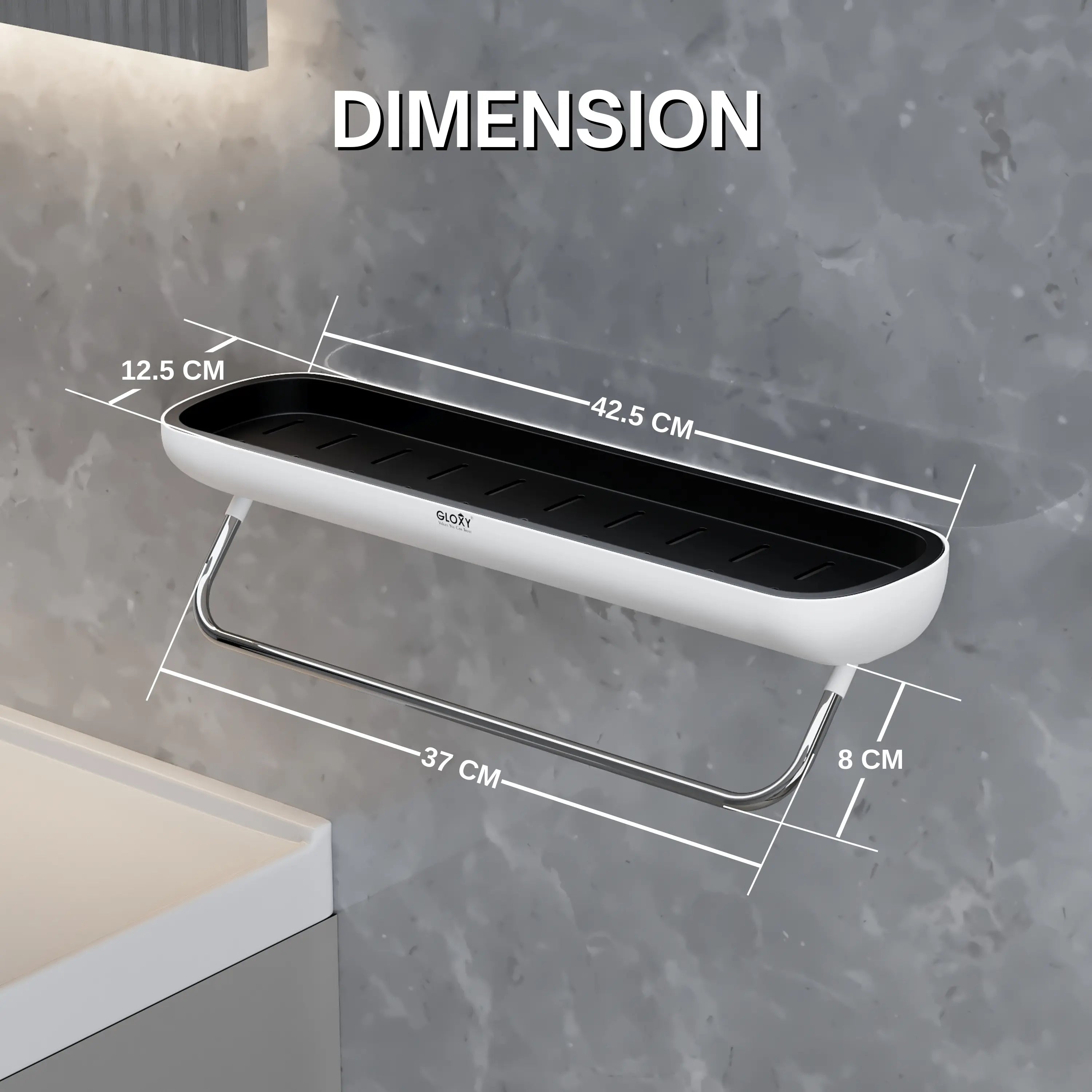 Wall-mounted black shelf with dimensions labeled on a gray wall.