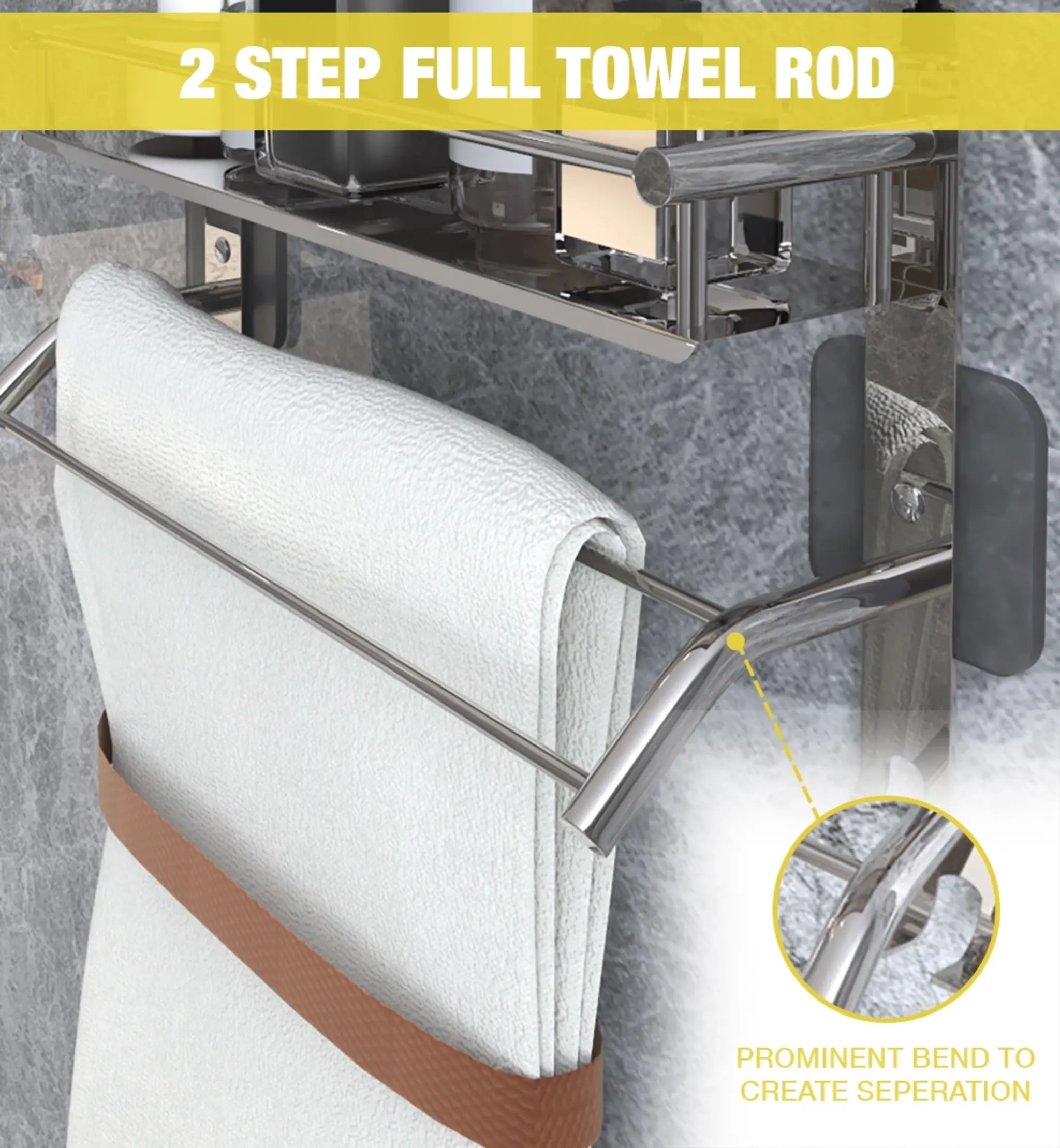 Gloxy Stainless Steel 3-Layer Chrome Finish Bathroom Shelf with Towel Holder-Adhesive Sticker Installation