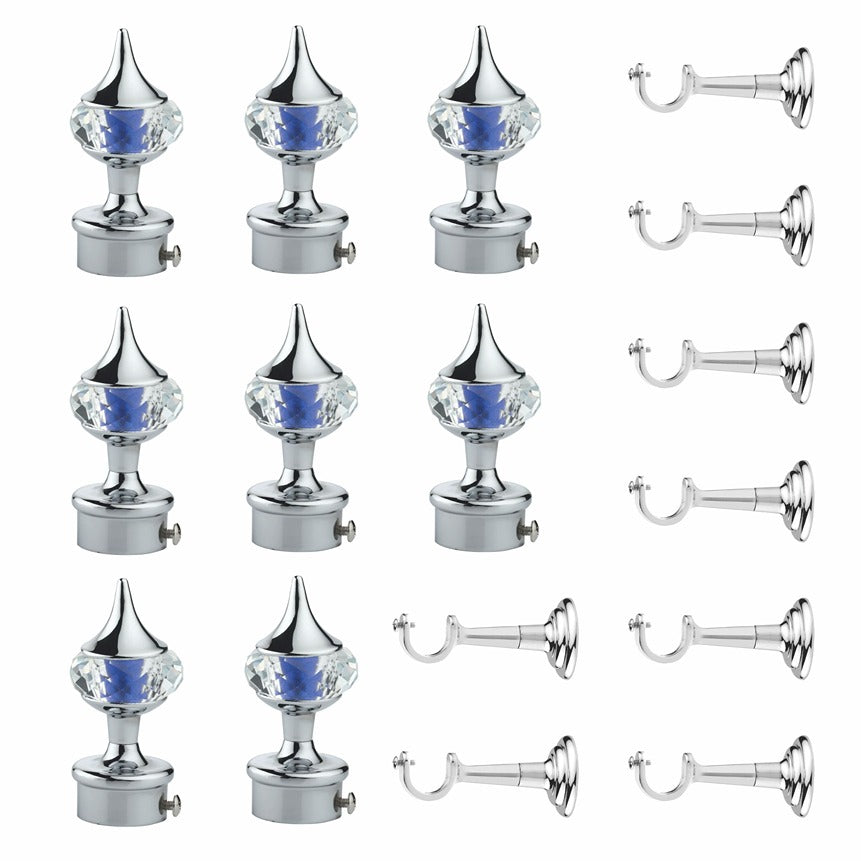 Gloxy Single Diamond Aluminium Curtain Rod Finials with Support– Blue 4 Pair