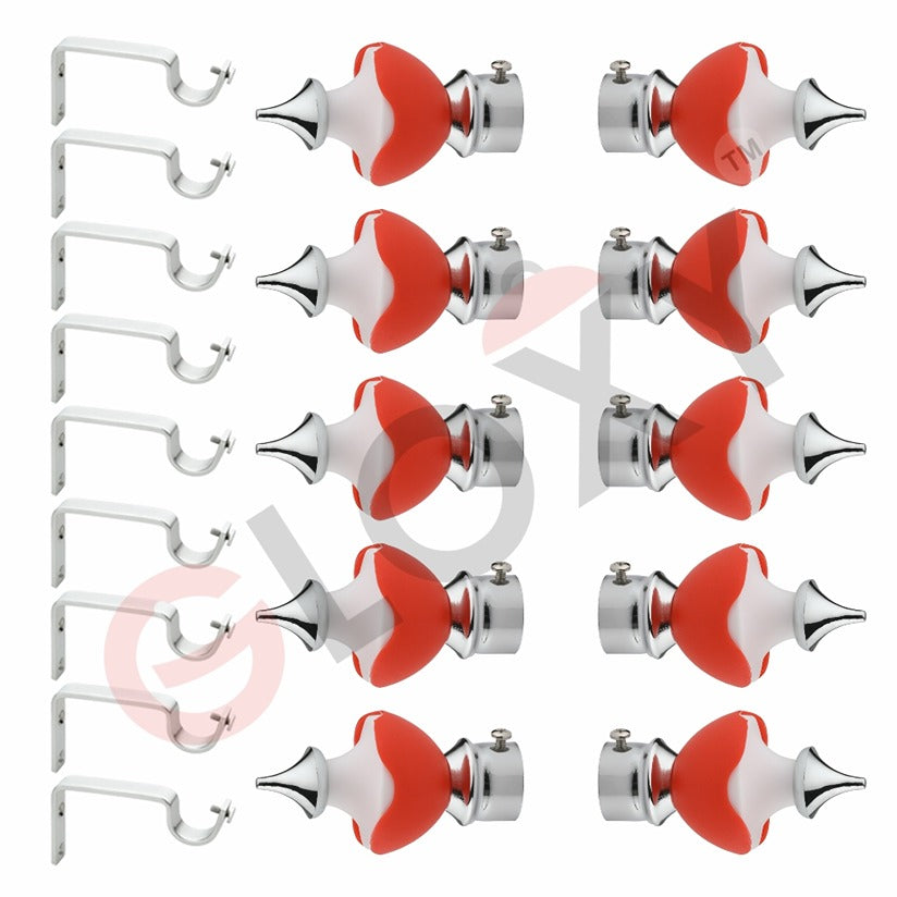 Gloxy Double Colour Stainless Steel & ABS Curtain Rod Finials with Support–Red 5 Pair