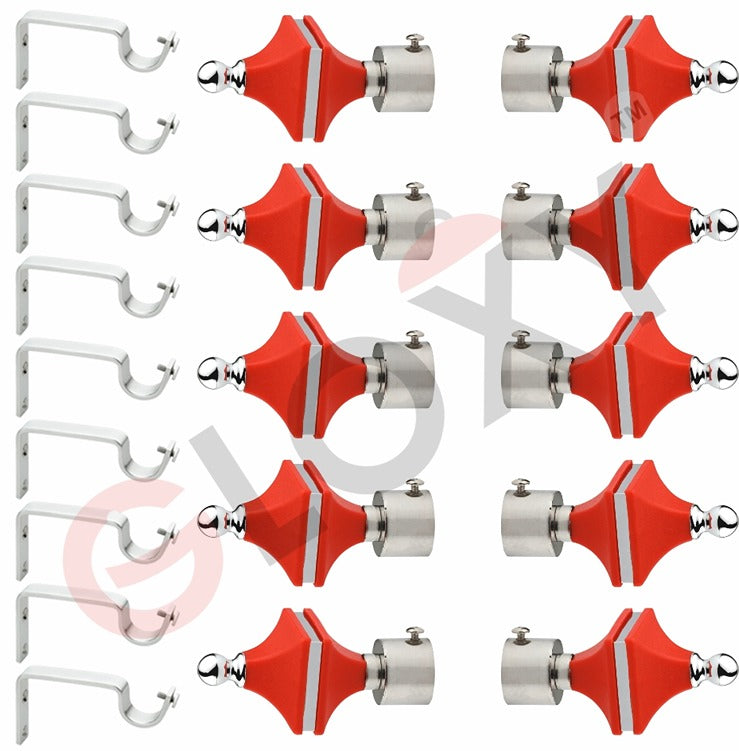 Gloxy Hexa Shape Stainless Steel & ABS Shape Curtain Rod Finials with Support– Red 5 Pair
