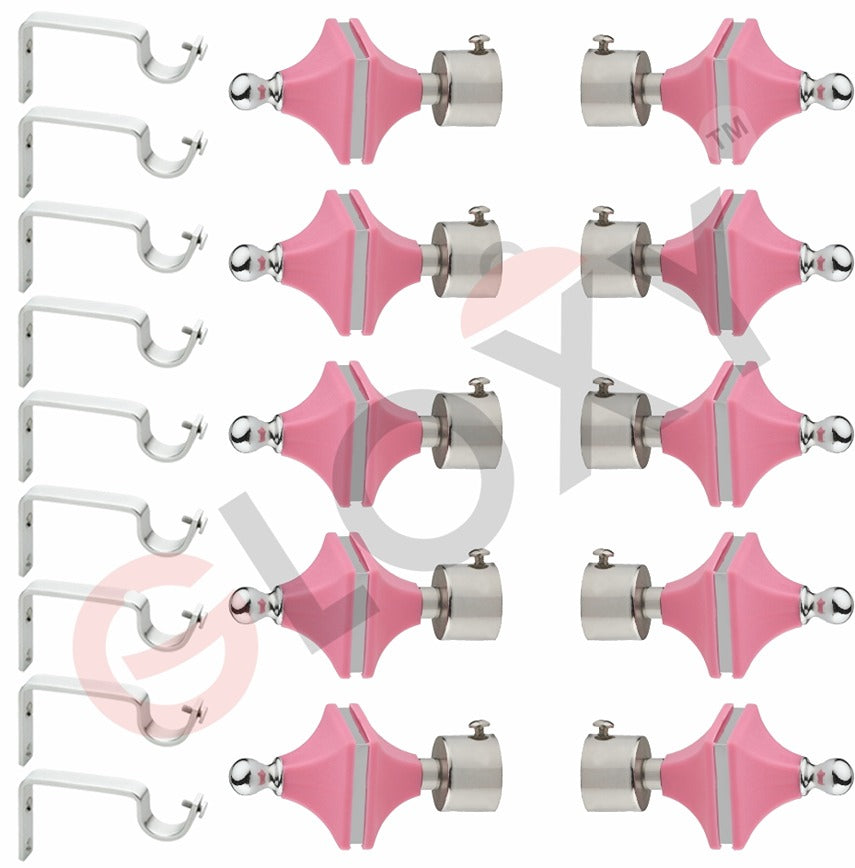 Gloxy Hexa Shape Stainless Steel & ABS Curtain Rod Finials with Support– Pink 5 Pair