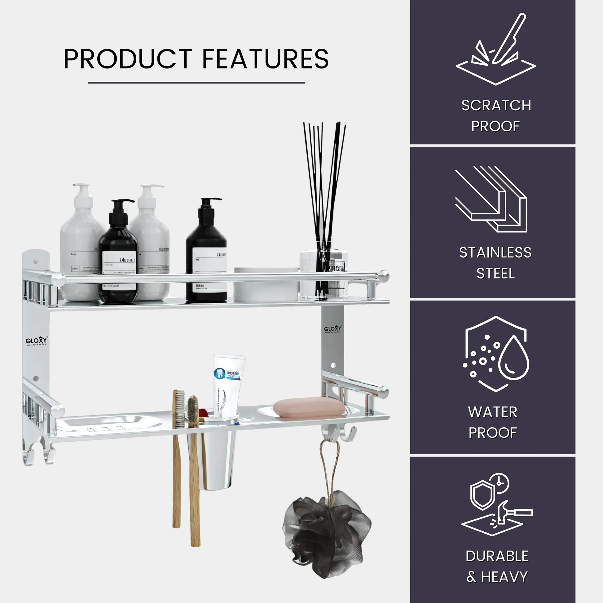 Gloxy Stainless Steel 2-Layer Chrome Finish Bathroom Shelf with Soap Dish,Tumbler Holder,Hooks