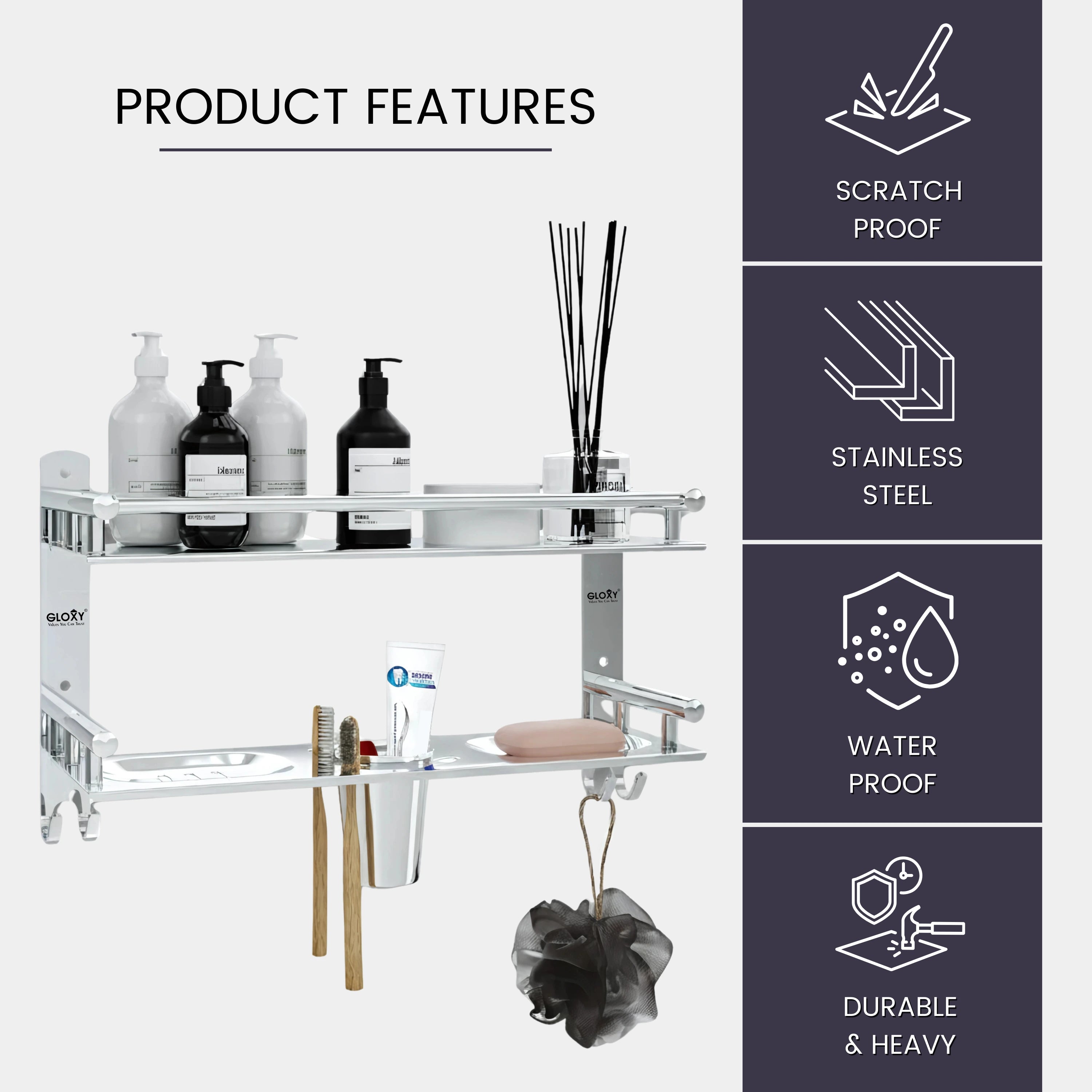 Gloxy Stainless Steel 2-Layer Chrome Finish Bathroom Shelf with Soap Dish,Tumbler Holder,Hooks