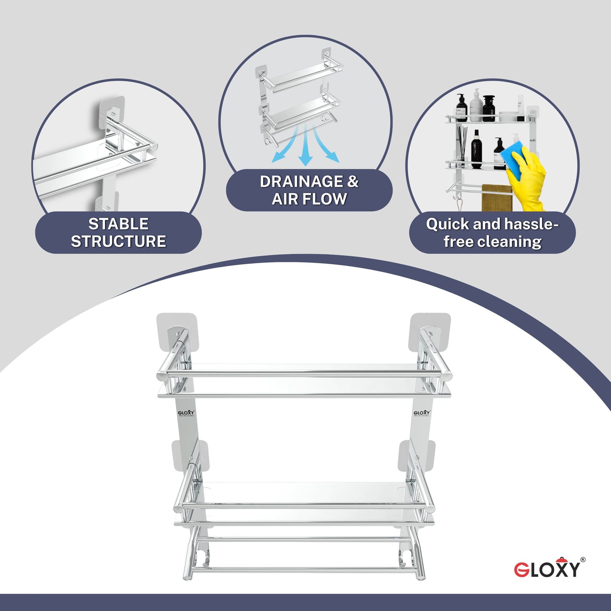 Gloxy Stainless Steel 3-Layer Chrome Finish Bathroom Shelf with Towel Holder-Adhesive Sticker Installation