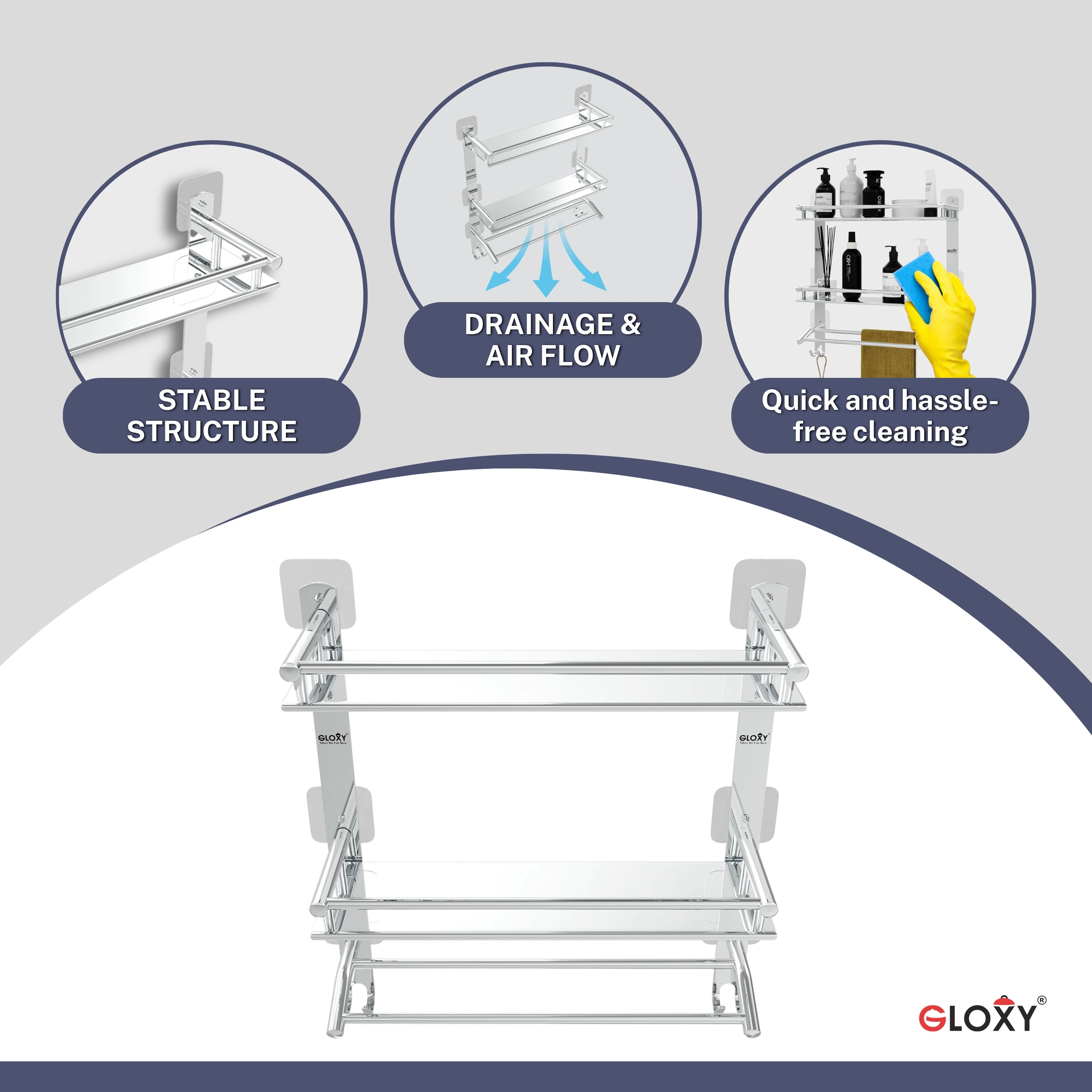 Gloxy Stainless Steel 3-Layer Chrome Finish Bathroom Shelf with Towel Holder-Adhesive Sticker Installation