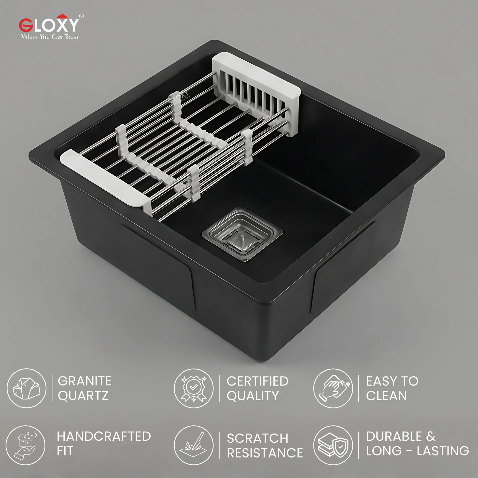 Gloxy Stainless Steel 304 Grade Single Bowl Quartz Kitchen Sink 21x18 Inch- Black