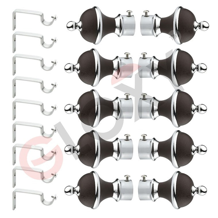 Gloxy Manjira Shape Stainless Steel & ABS Curtain Rod Finials with Support– Brown 5 Pair