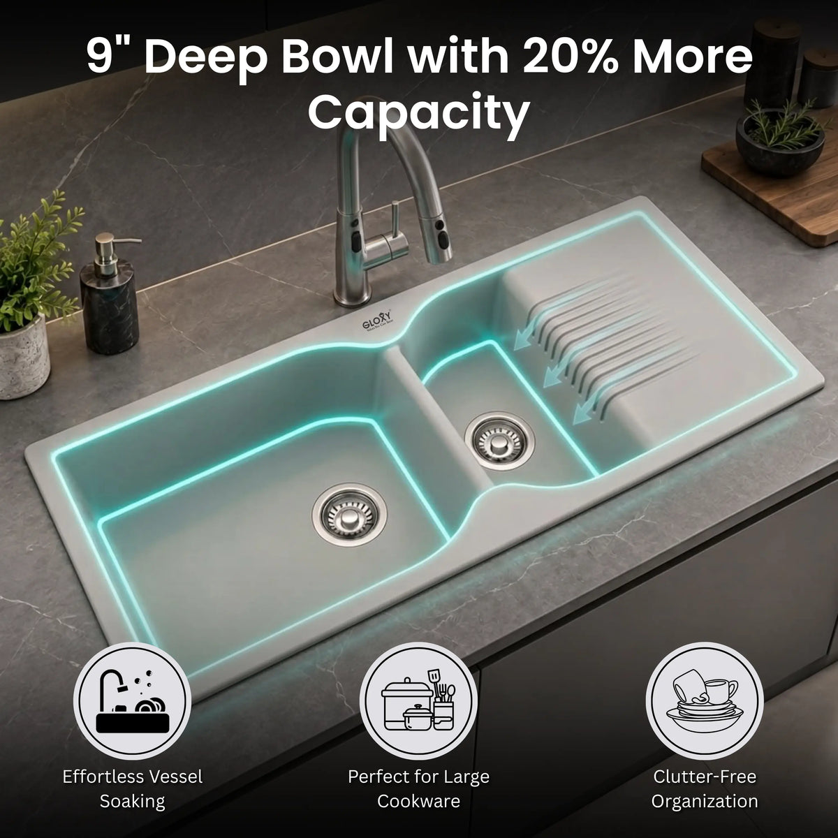 GLOXY Quartz Granite Double Bowl Kitchen Sink with Drain Board | 45 × 20 × 9 Inches (Grey Matte)