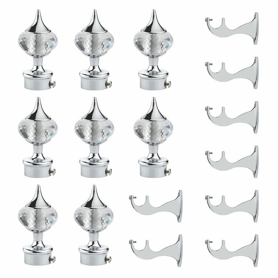 Gloxy Single Diamond Aluminium Curtain Rod Finials with Support– Silver 4 Pair