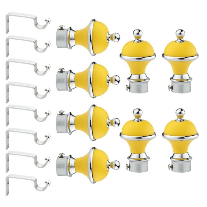 Gloxy Manjira Shape Stainless Steel & ABS Curtain Rod Finials with Support– Yellow 4 Pair