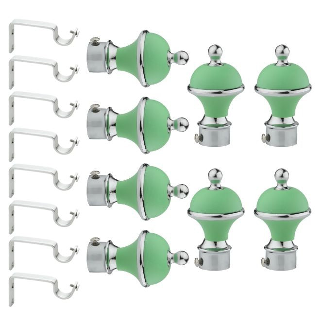 Gloxy Manjira Shape Stainless Steel & ABS Curtain Rod Finials with Support– Green 4 Pair