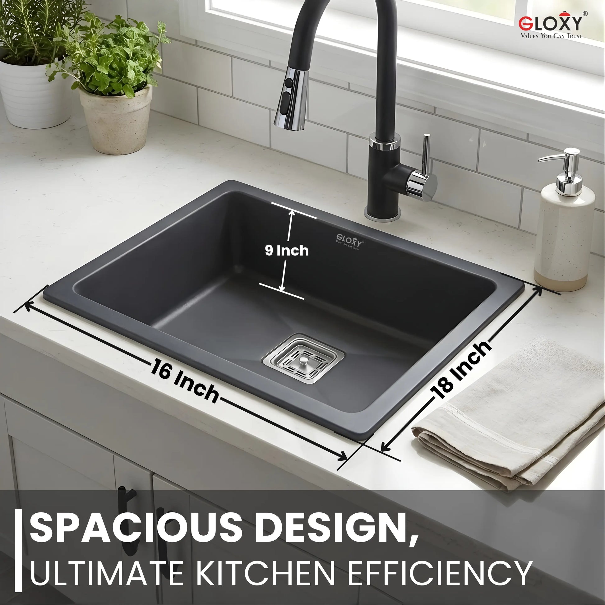 Gloxy Stainless Steel Handmade Single Bowl Quartz Sink For Kitchen 16x18 Inch-Black