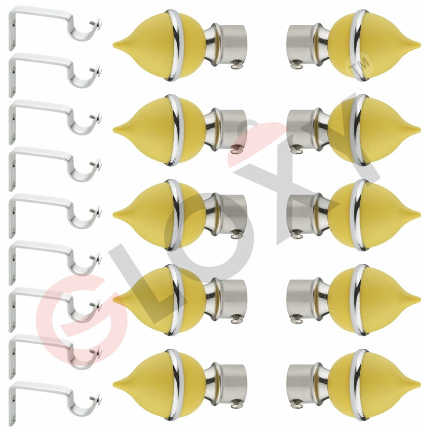 Gloxy Matka Shape Stainless Steel & ABS Curtain Rod Finials with Support– Yellow 5 Pair