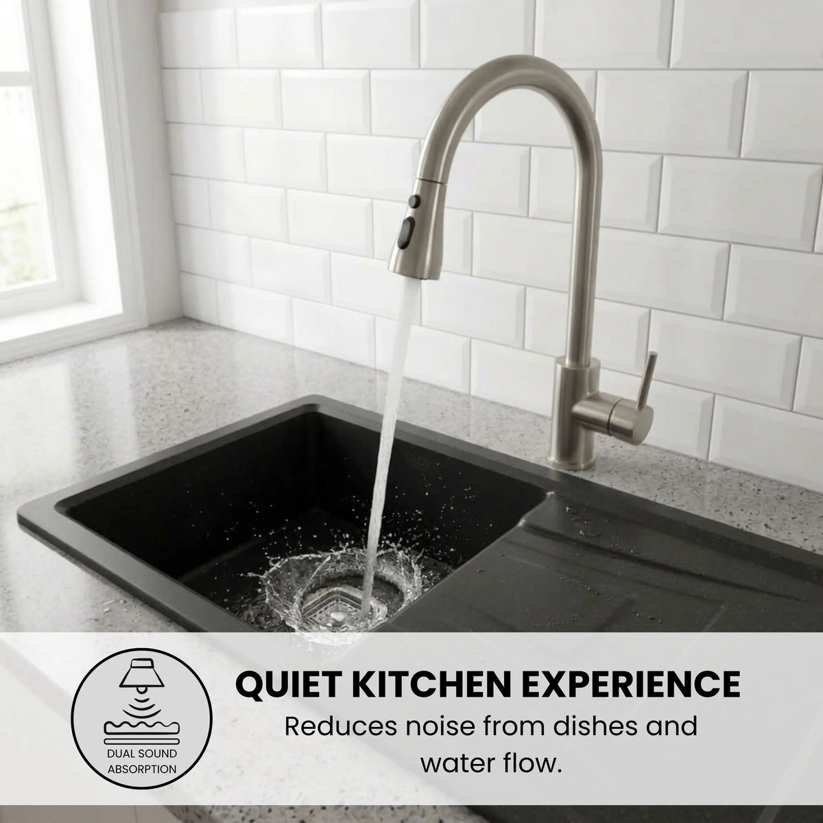 Gloxy Quartz Granite Single Bowl Kitchen Sink with Drain Board | 36 × 18 × 9 Inches (Black Matte)