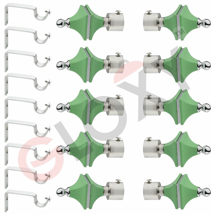 Gloxy Hexa Shape Stainless Steel & ABS Curtain Rod Finials with Support– Green 5 Pair