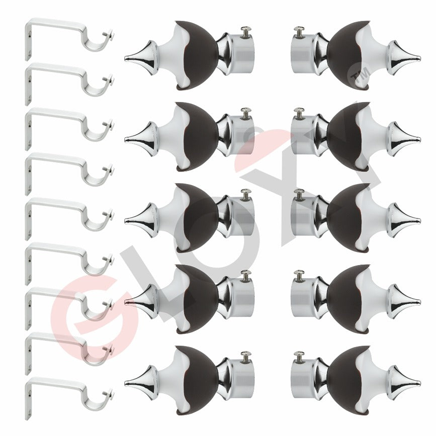 Gloxy Hexa Shape Stainless Steel & ABS Curtain Rod Finials with Support– Brown 5 Pair