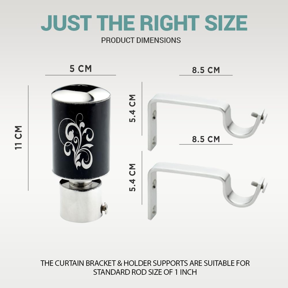 GLOXY ENTERPRISE Stainless Steel Floral Print Curtain Brackets Parda Holders with Support Fittings 1 Inch Rod Pocket Finials Designer Door and Window